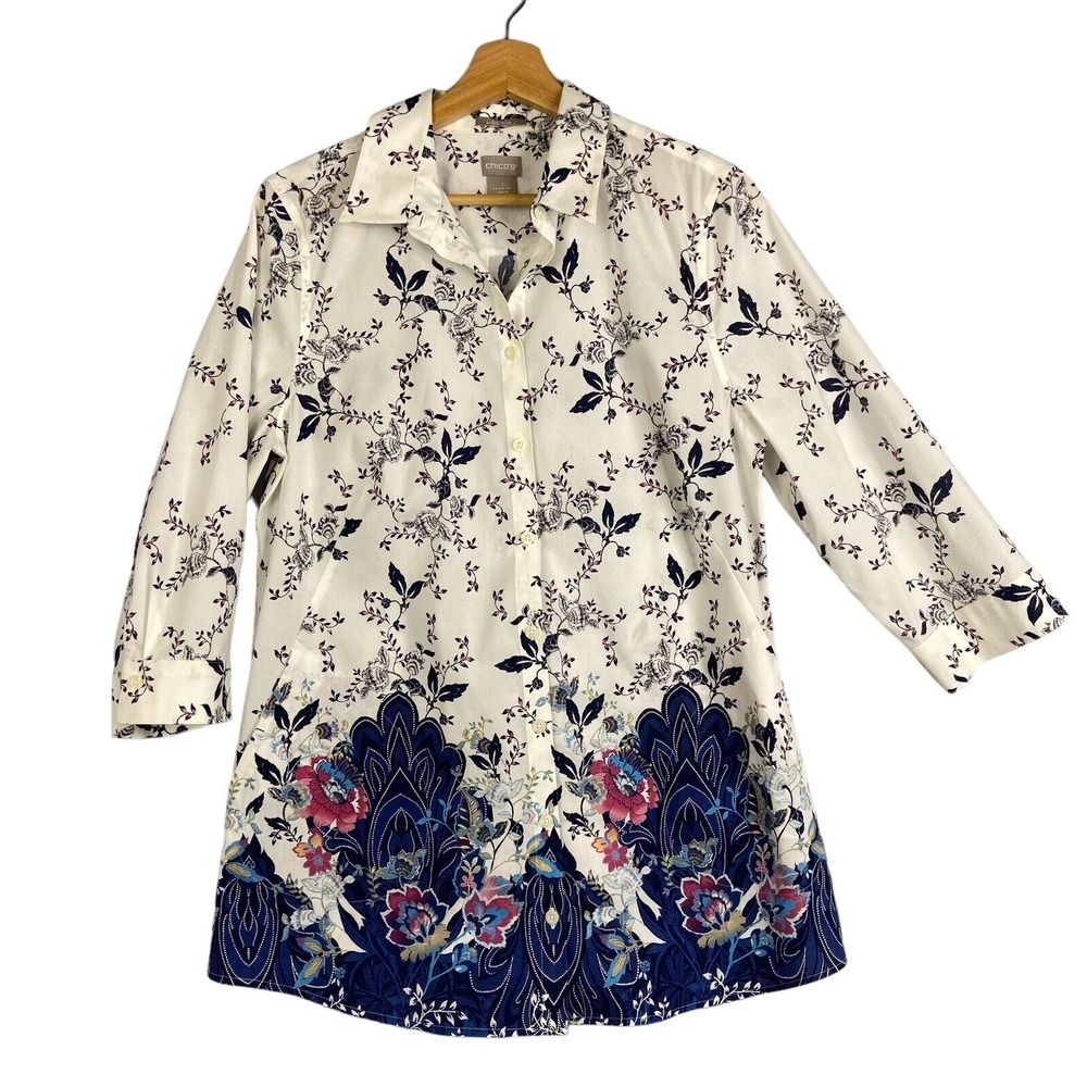 Chico's Shirt Blouse tunic women‎ 1 US 8/10 Medium 3/4 sleeve white blue floral